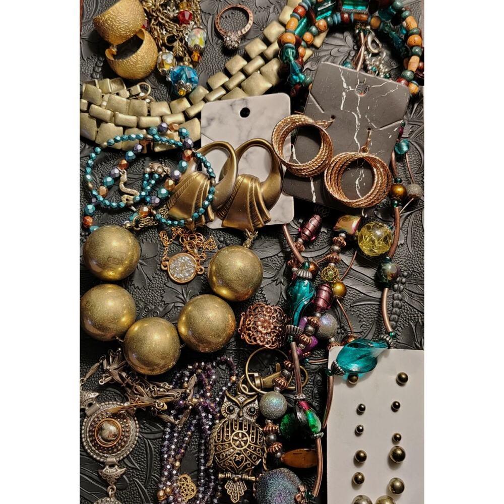 BRONZE COPPER AND BLUE GLASS - AMAZING COSTUME JEWELRY LOT COLLECTION